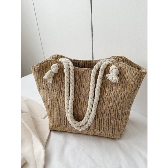 Medium Tote Straw Bag Khaki Beige Lined Rope Handles Beach Summer - Picture 2 of 8